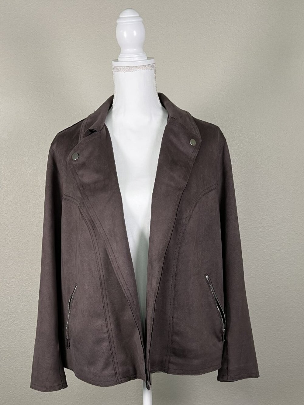 Philosophy Women’s Moto Faux Suede Jacket Taupe Short Pockets Zip Plus Size 1X